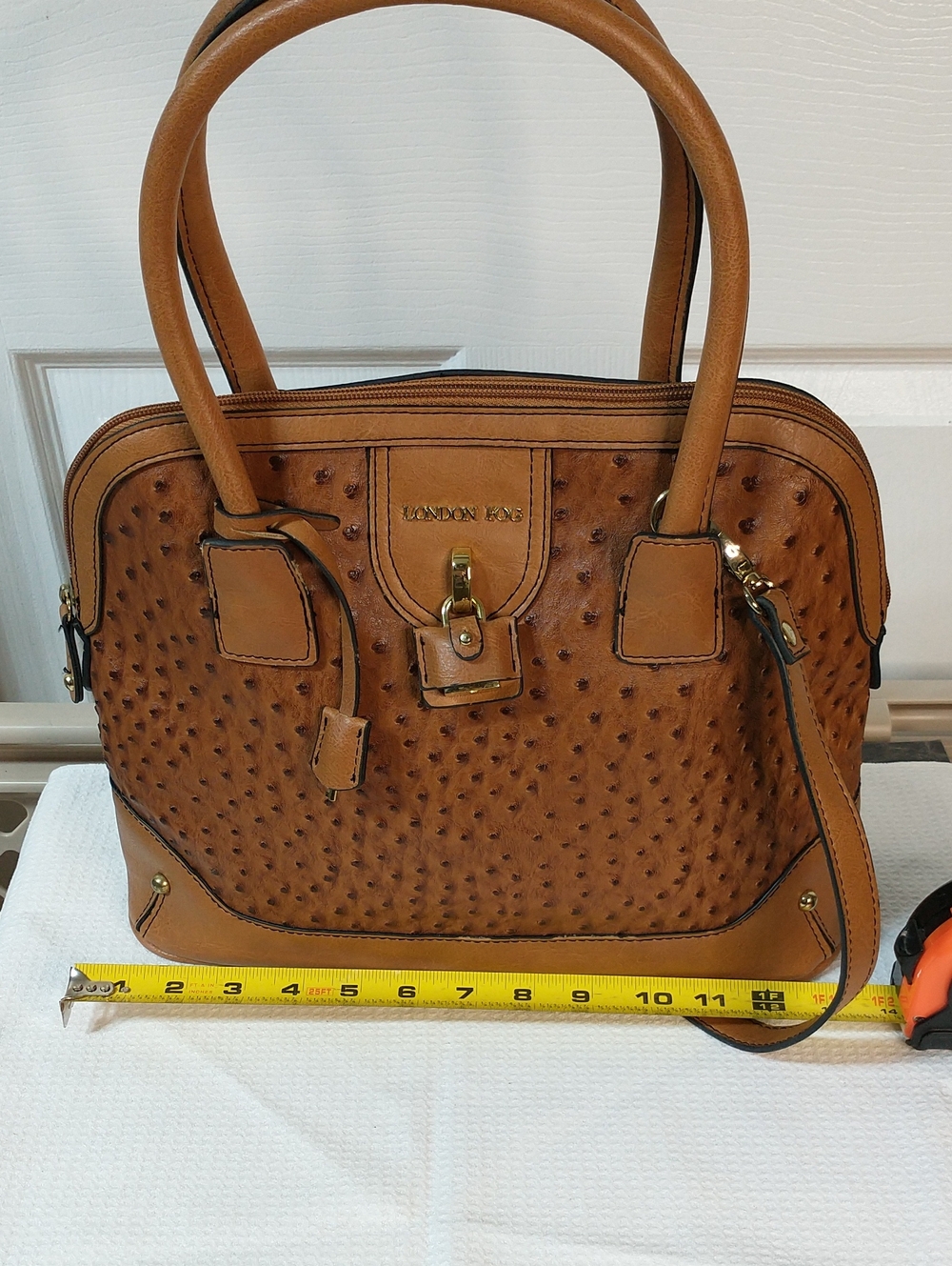 London Fog Cognac Brown Faux-Ostrich Satchel Handbag Like New.